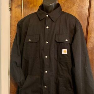 Black rip stop Carhartt flannel lined shirt.